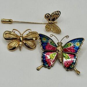 3 Lot Vintage Butterfly Brooch Set Gold Blue Pink Green Yellow